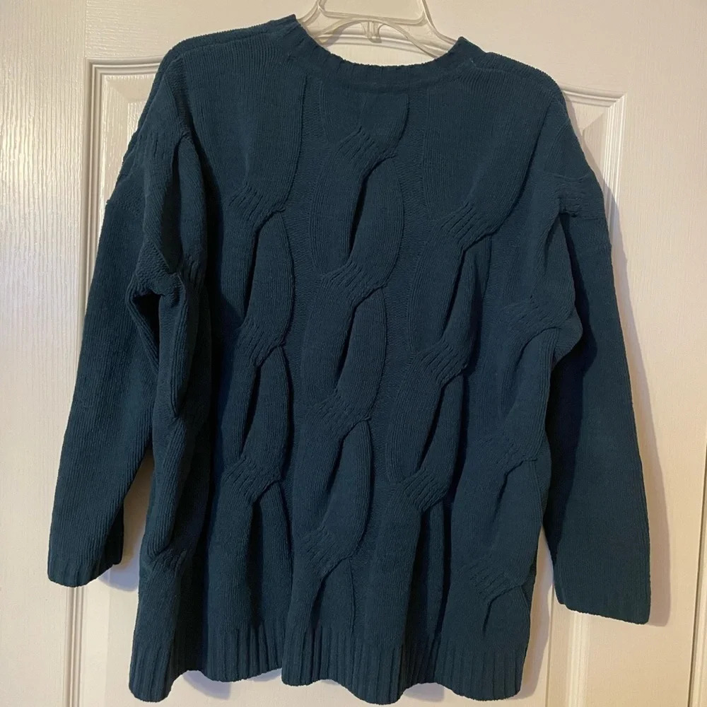 J. Jill Size S Chenille Teal Peacock Chunky Cable Knit Sweater Pullover Knit Top - Picture 4 of 7